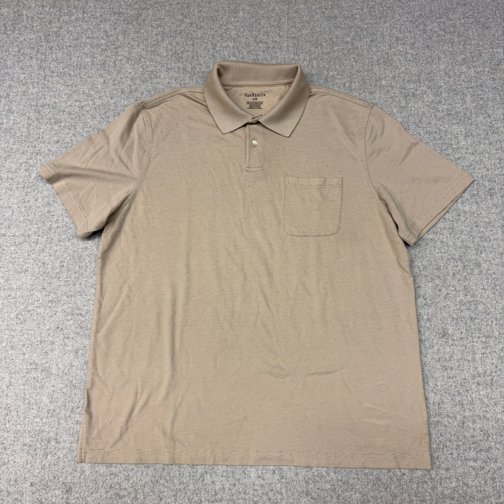 Van Heusen Polo Shirt Large Tan Short Sleeve Chest Pocket Casual Micro-Stripe To